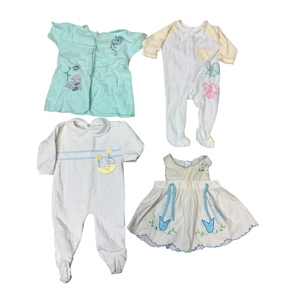 Vintage Baby Clothes Lot of 4 Dimi Footed Sleepers Embroidered Dress 18mo - BL